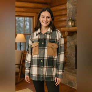 Simply Southern Women's L Sherpa Yosemite Plaid Shacket Jacket Rough Hem Pockets
